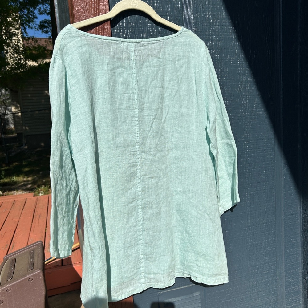 Cut Loose Womens Linen Tunic Top Aqua Blue 3/4 Sleeve Pocket Shell Button Size M - Picture 2 of 5